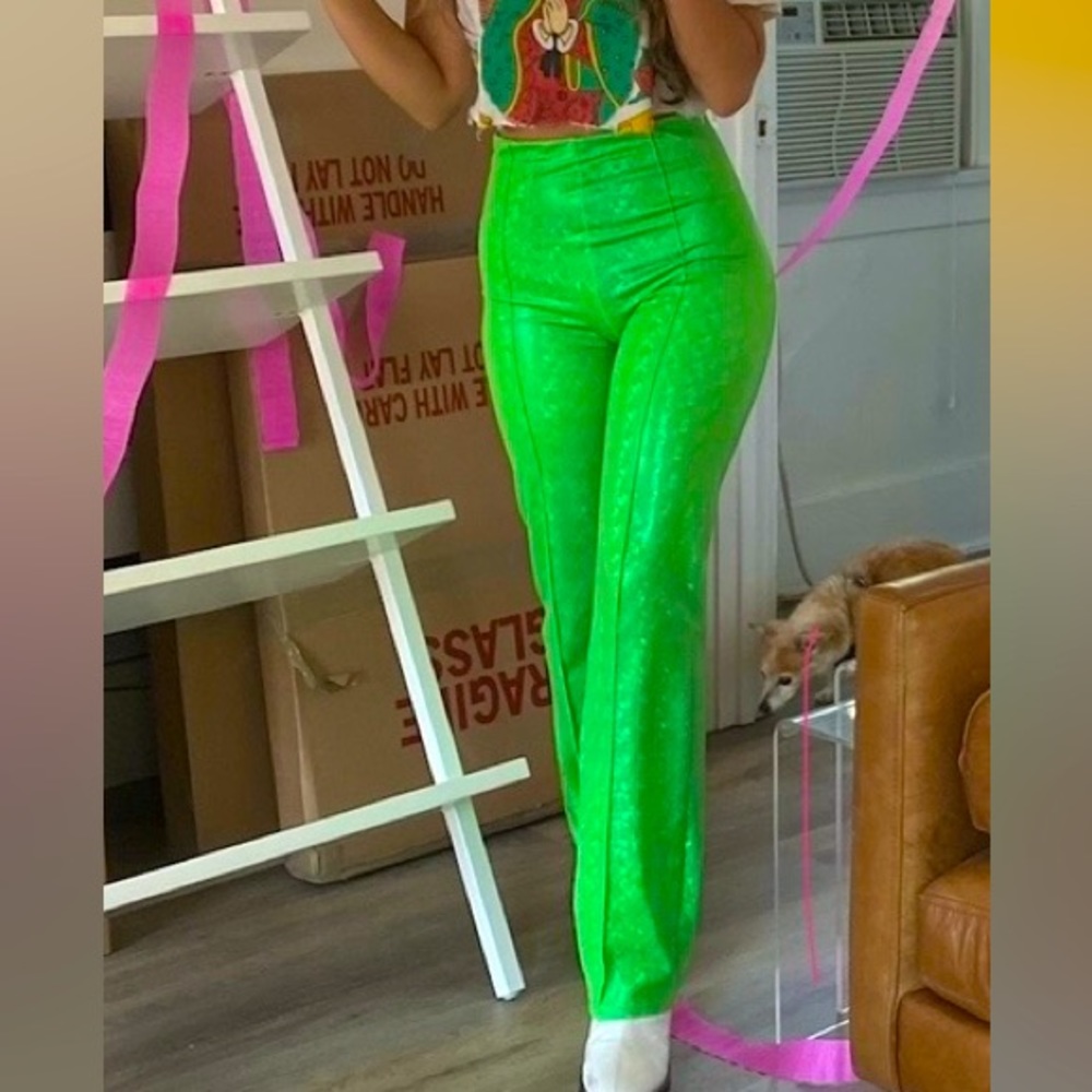 Hologram effect lime green Rebel La Belle pants with high waist